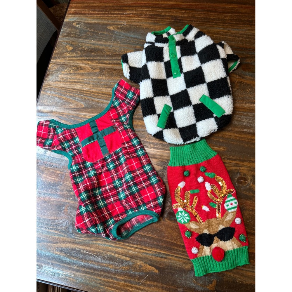 Pup Crew Oodles Dog Sweater Bundle Christmas Plaid Reindeer Checkered Fleece 3pc